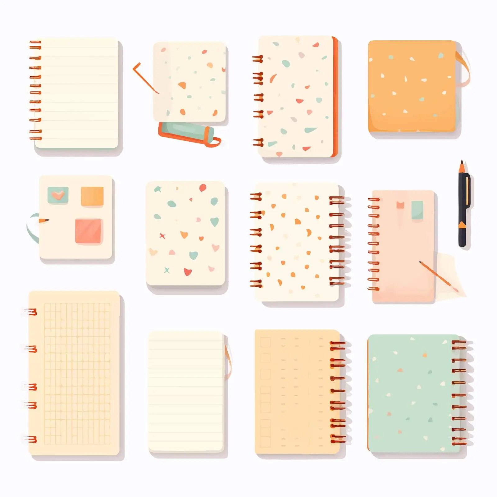 Scattered Notebooks, Notepads, and Pens Vectors – free notepads image from Dotvec