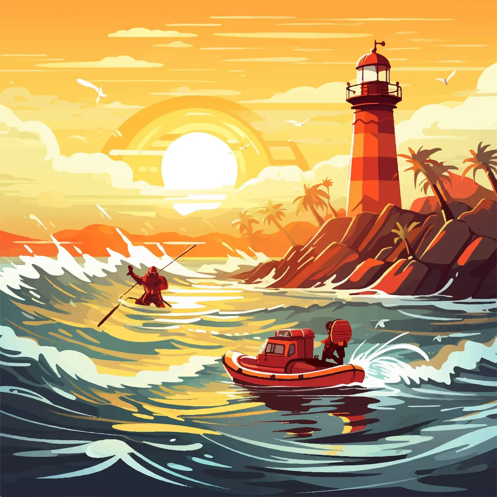 Cartoon Fireman Rescue Scene in Ocean — free download from Dotvec