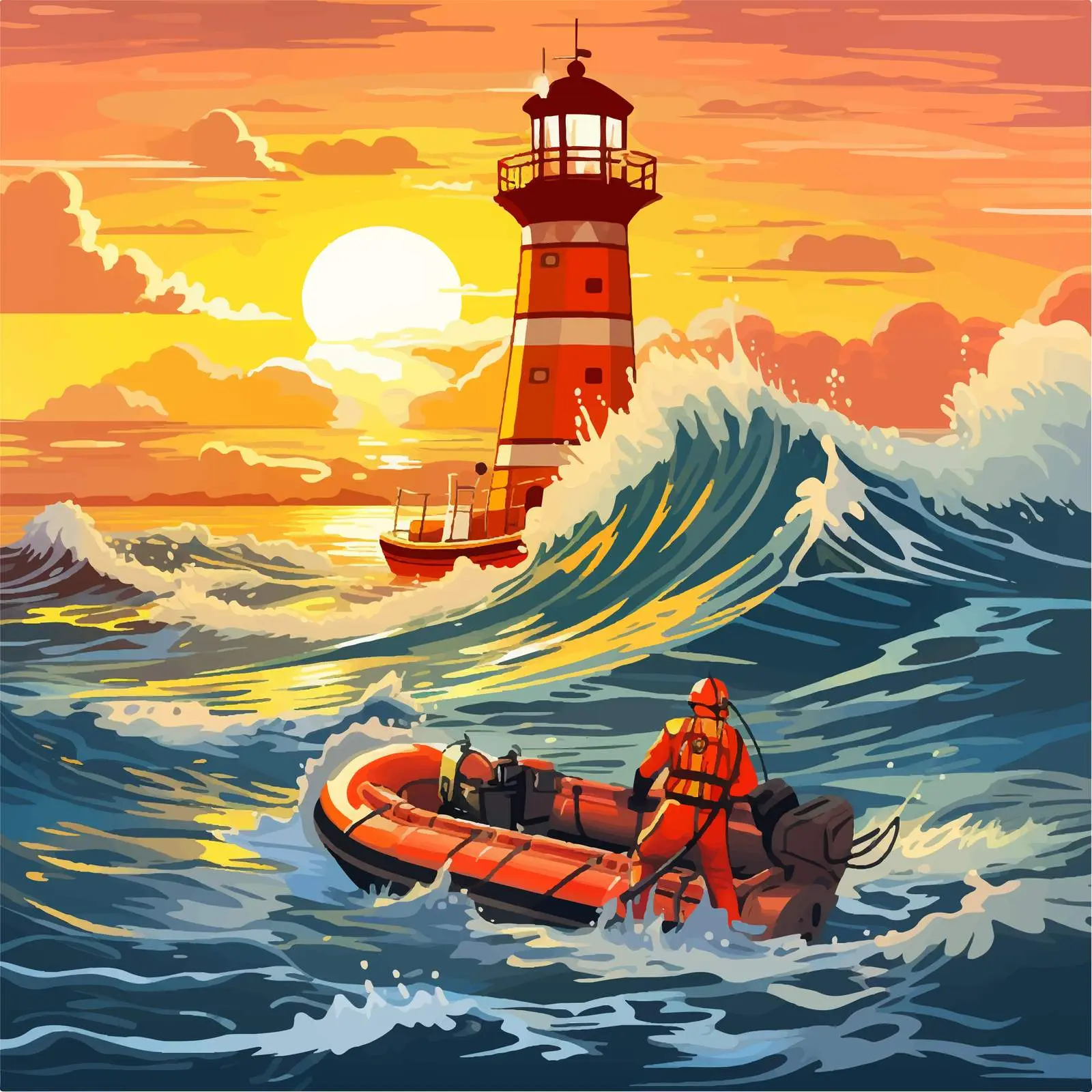 Cartoon Fireman Rescue in Ocean Scene — free download from Dotvec