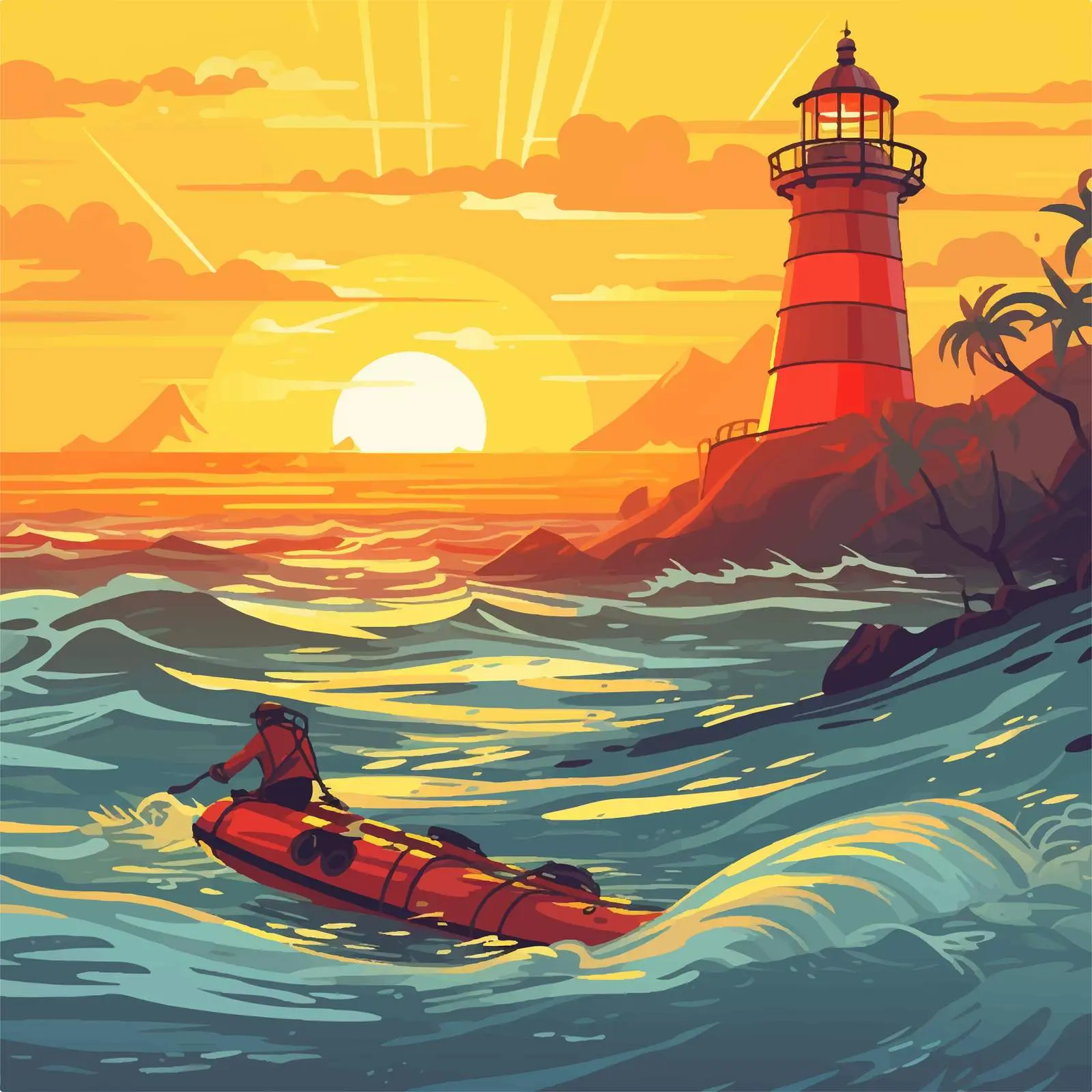 Cartoon Ocean Scene with Fireman Rescue — free download from Dotvec