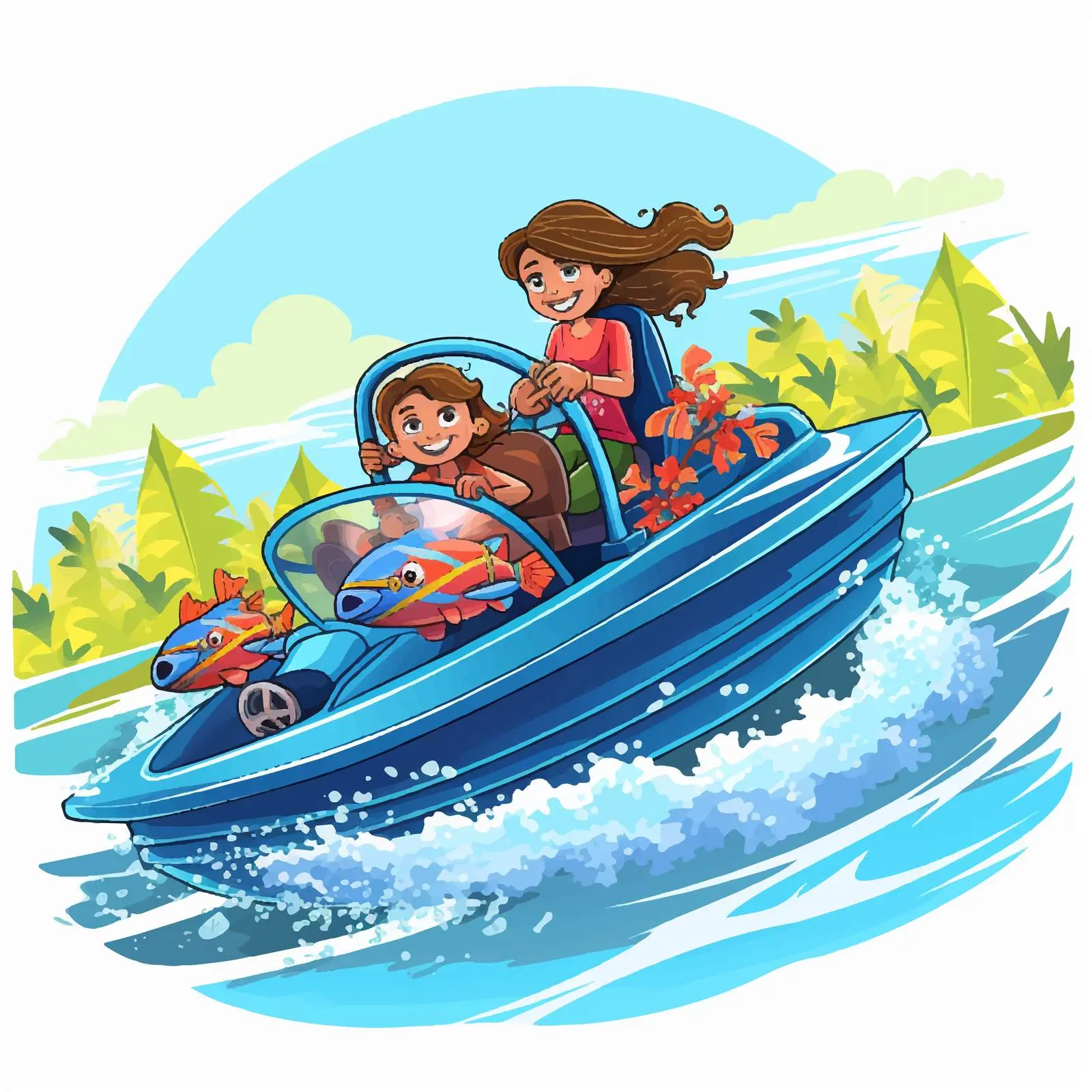 Woman Driving Speedboat with Children in Ocean — free download from Dotvec