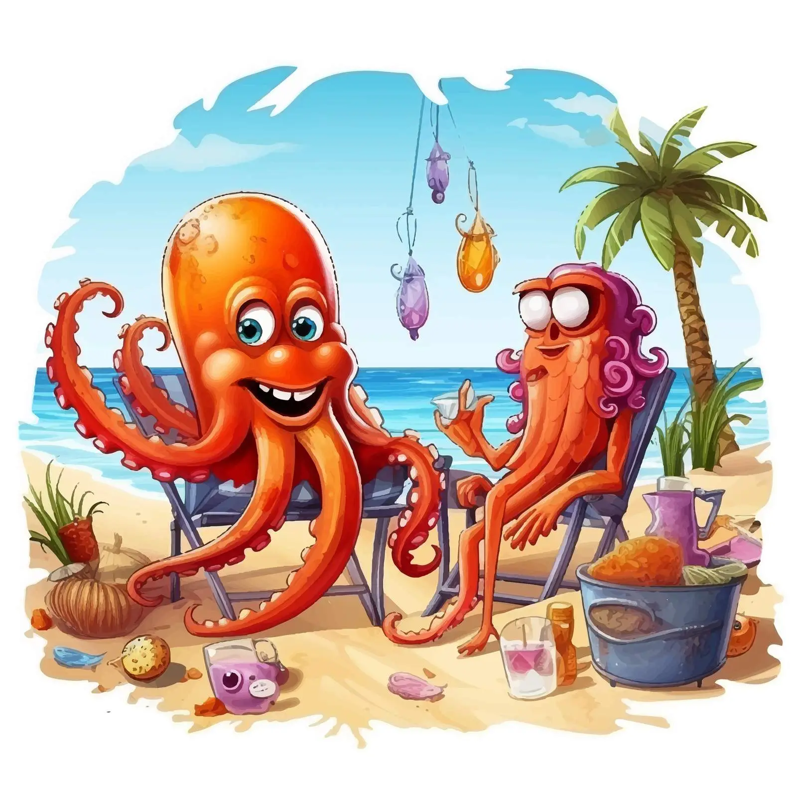 Summer Theme Cartoon Octopus and Squid Characters – free fun summer image from Dotvec