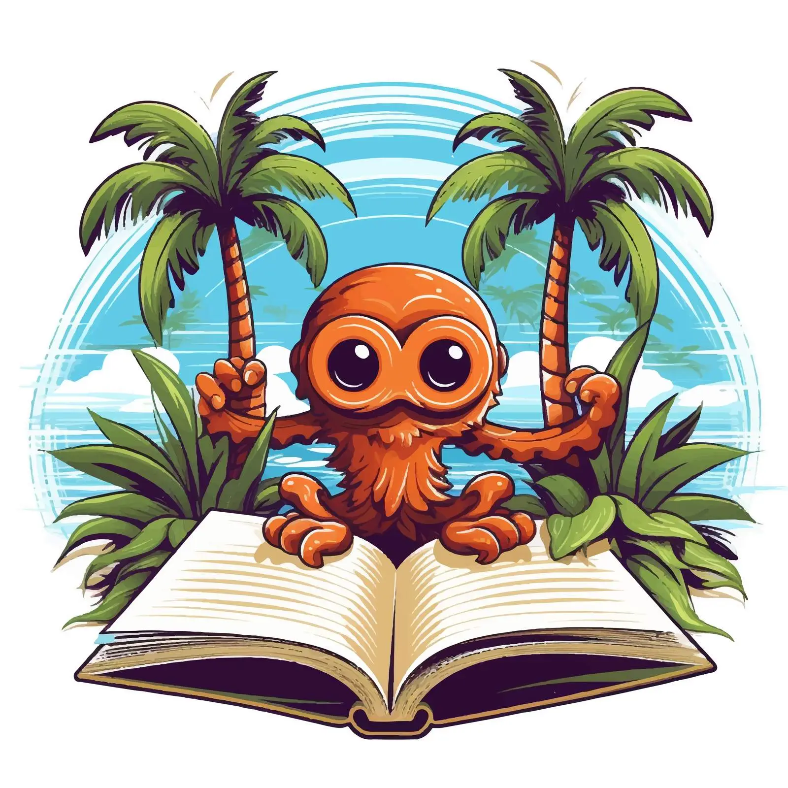 Octopus Surfing on a Book with Palm Trees — free download from Dotvec