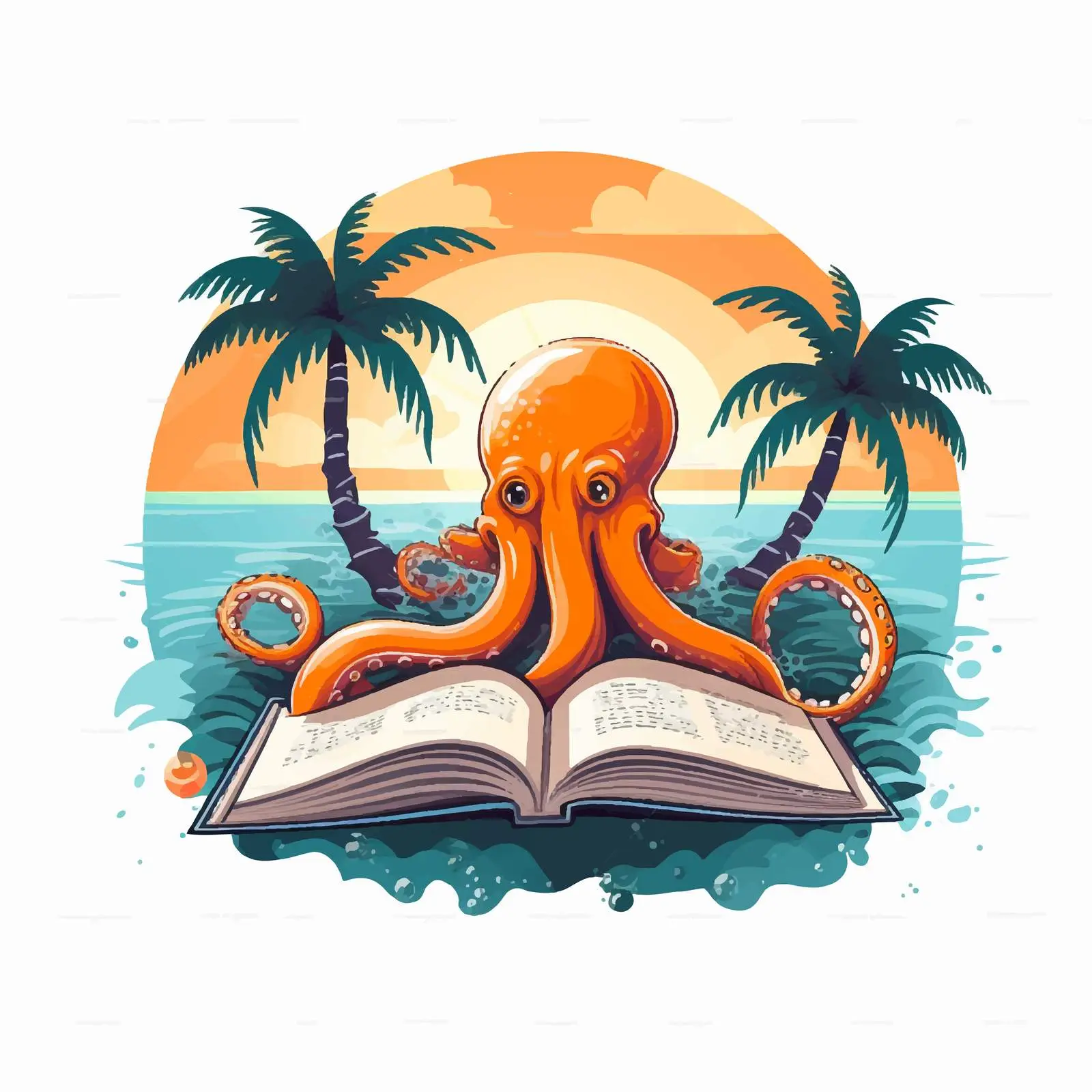 Octopus Surfing on a Book with Palm Trees — free download from Dotvec