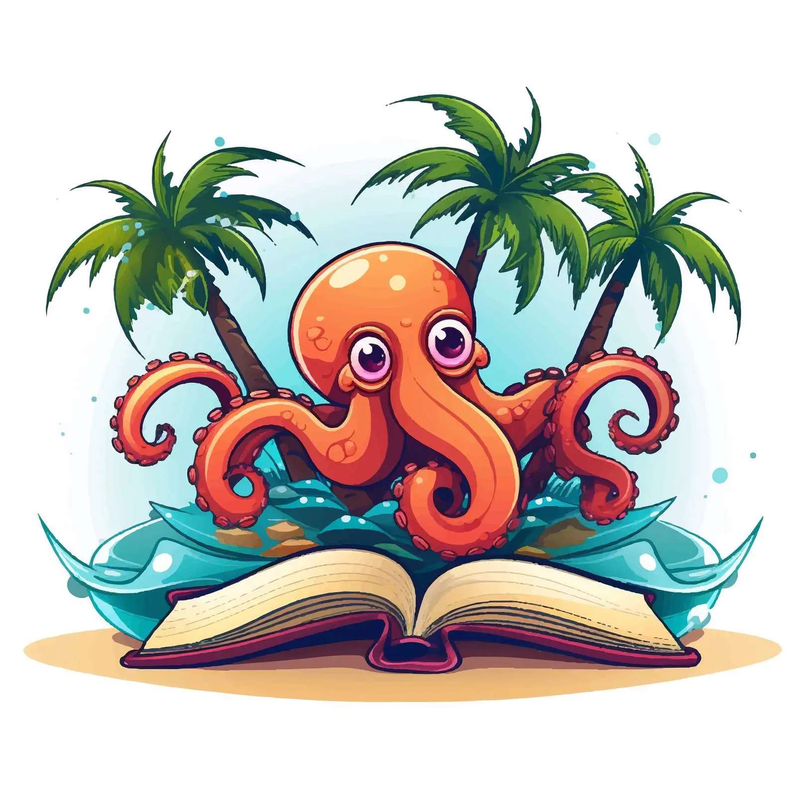 Octopus Surfing on Book with Palm Trees — free download from Dotvec