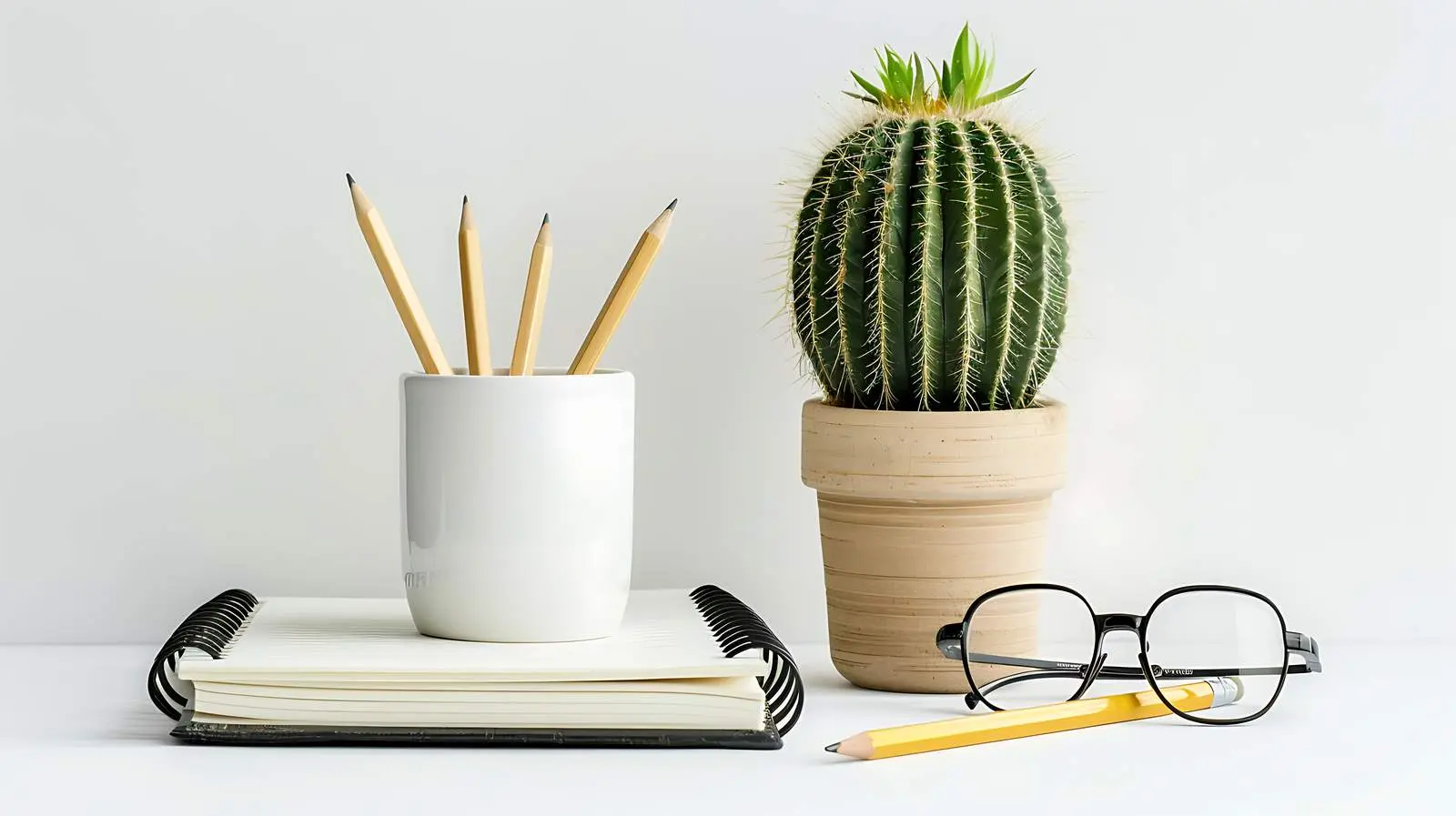 Home Office Desk Setup with Notebook and Cactus — free download from Dotvec