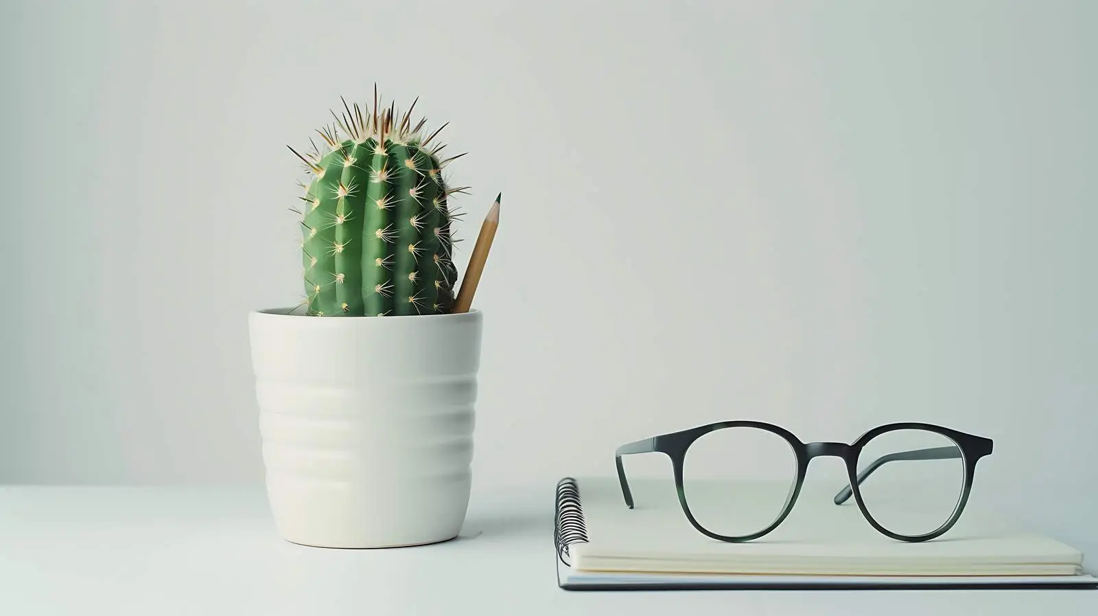 Office Desk Setup with Notebook and Cactus – free professional setup image from Dotvec