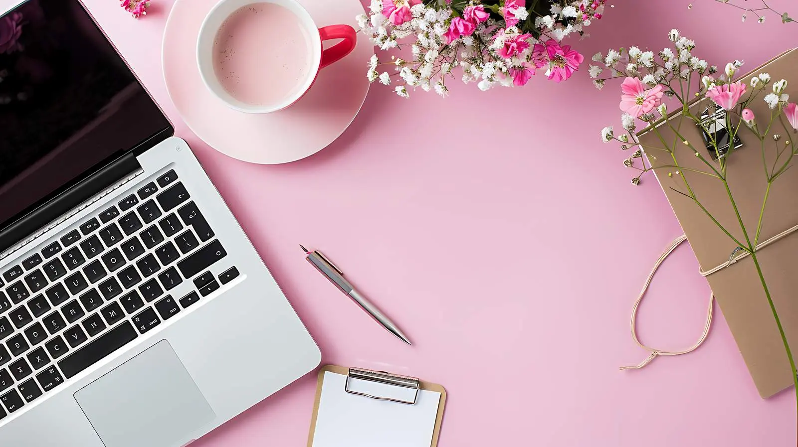 Stylish Office Desk Workspace with Laptop and Flowers — free download from Dotvec