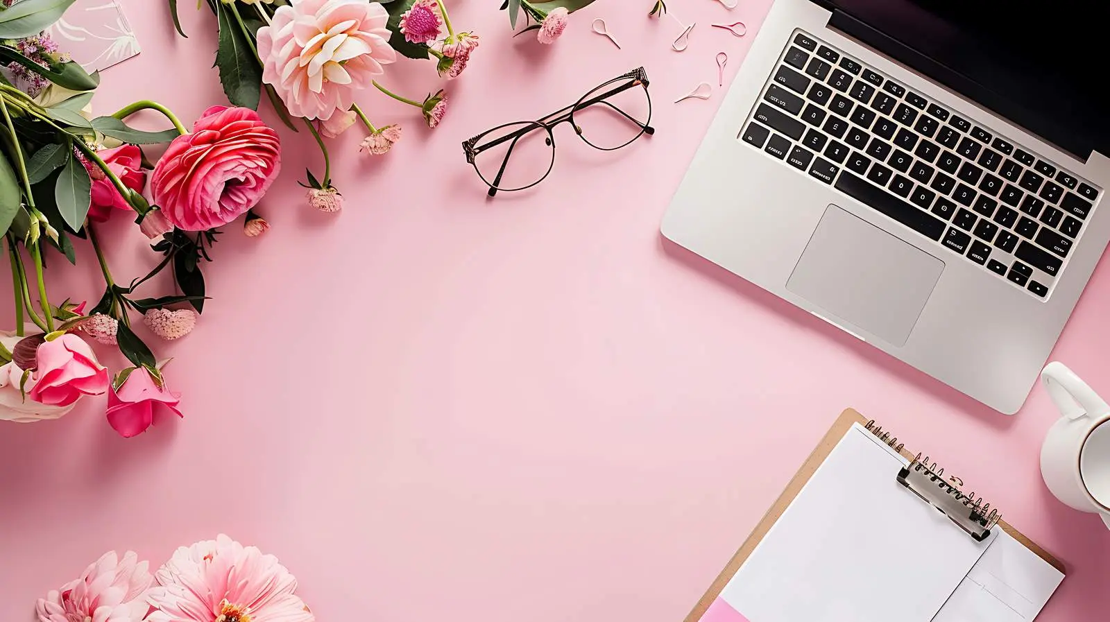 Stylish Office Desk Workspace with Laptop and Flowers — free download from Dotvec