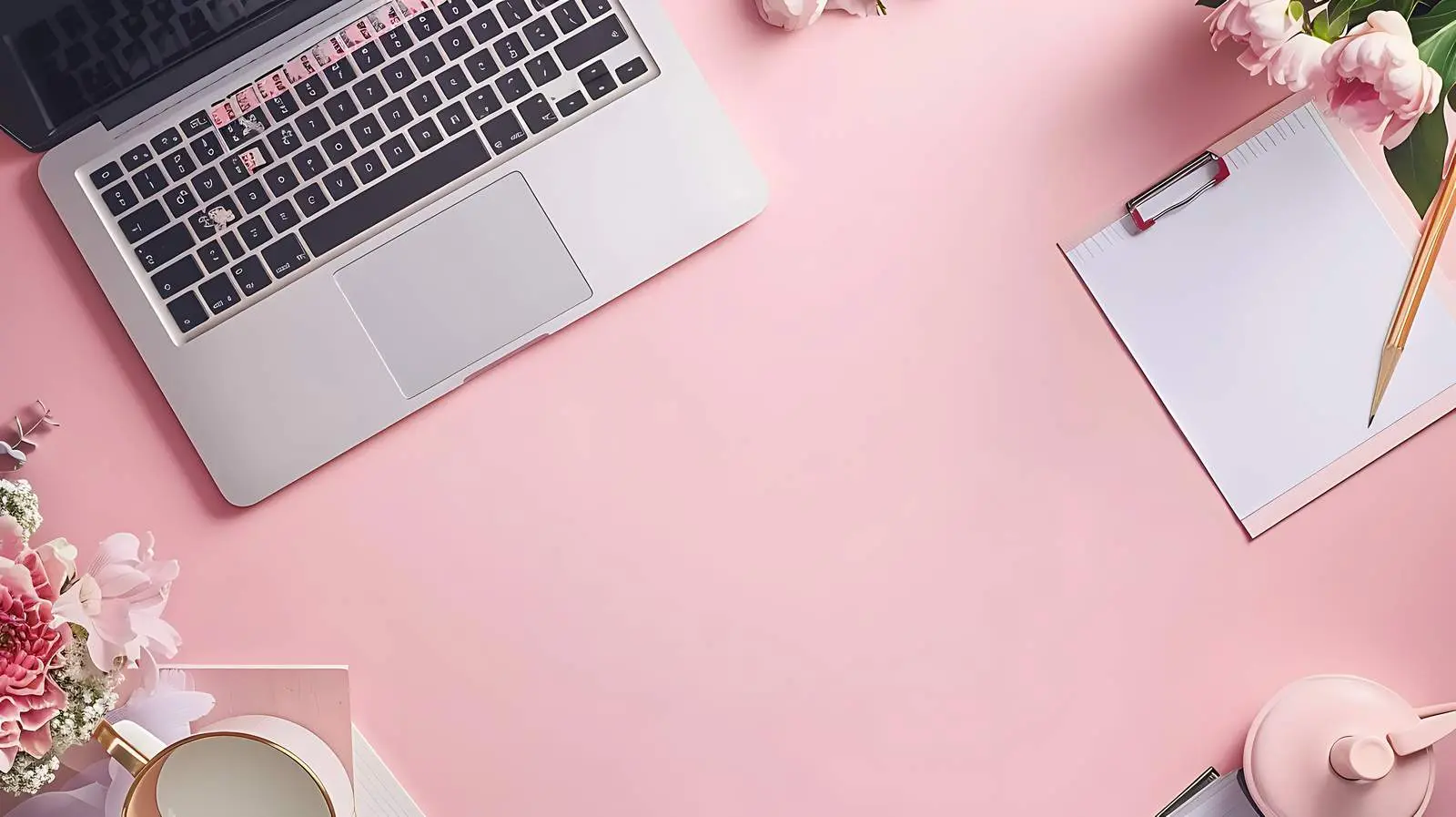 Modern Office Desk Workspace with Laptop and Flowers — free download from Dotvec