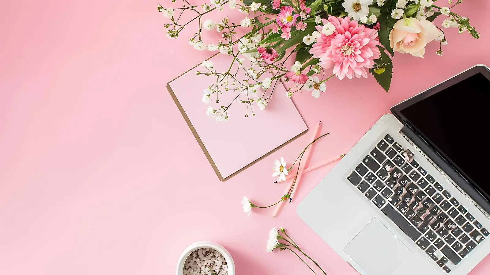 Modern Office Desk Workspace with Laptop and Flowers — free download from Dotvec