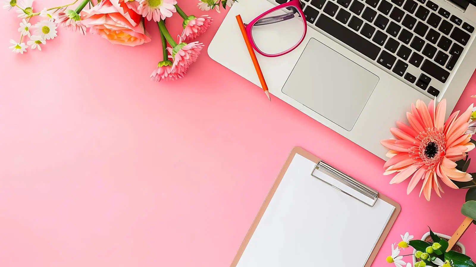 Office Desk Workspace with Laptop and Flowers – free workspace goal image from Dotvec