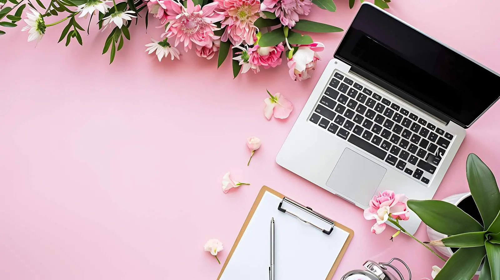 Cozy Office Desk Workspace with Laptop and Flowers — free download from Dotvec