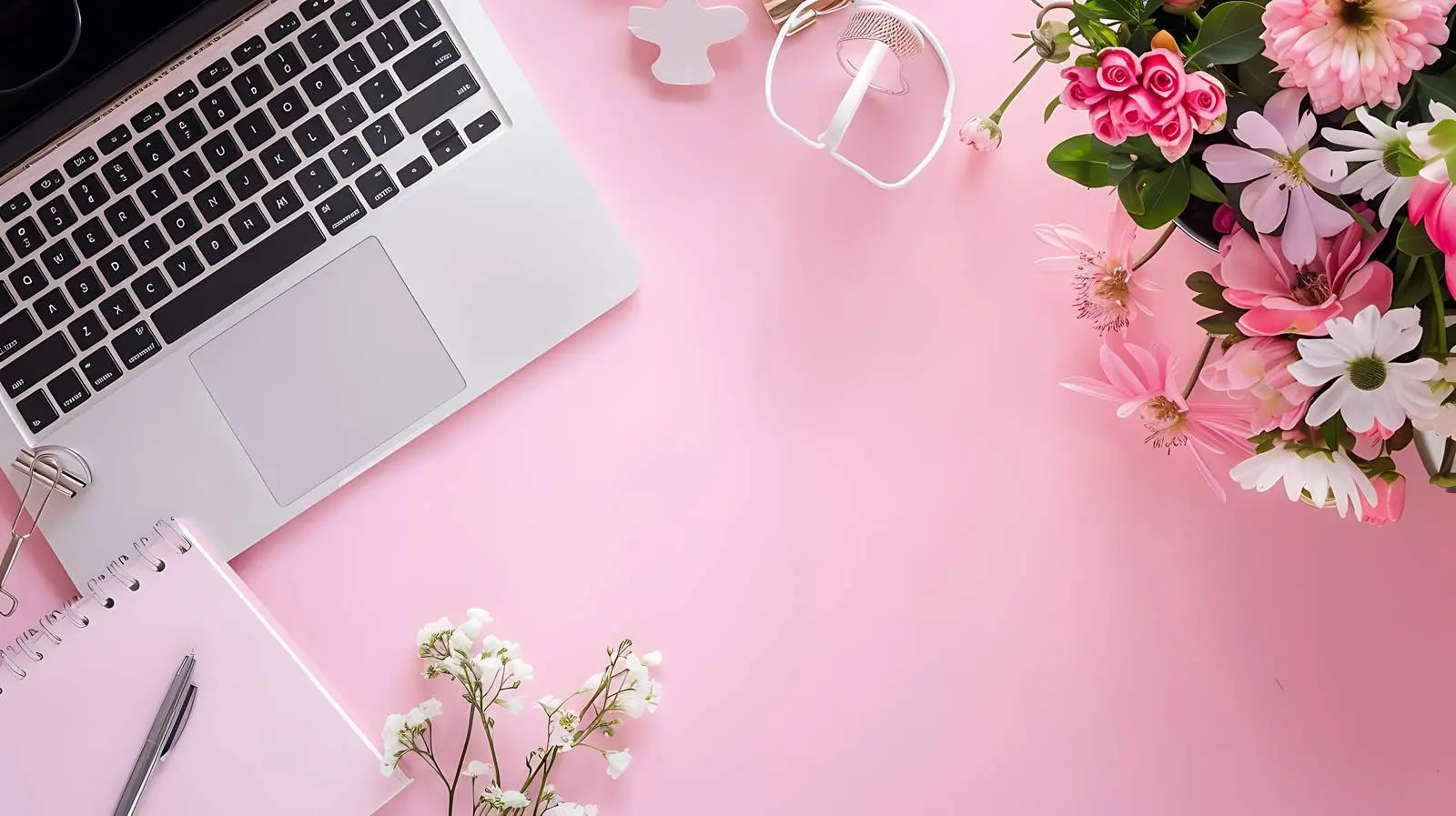 Modern Office Desk Workspace with Laptop and Flowers — free download from Dotvec