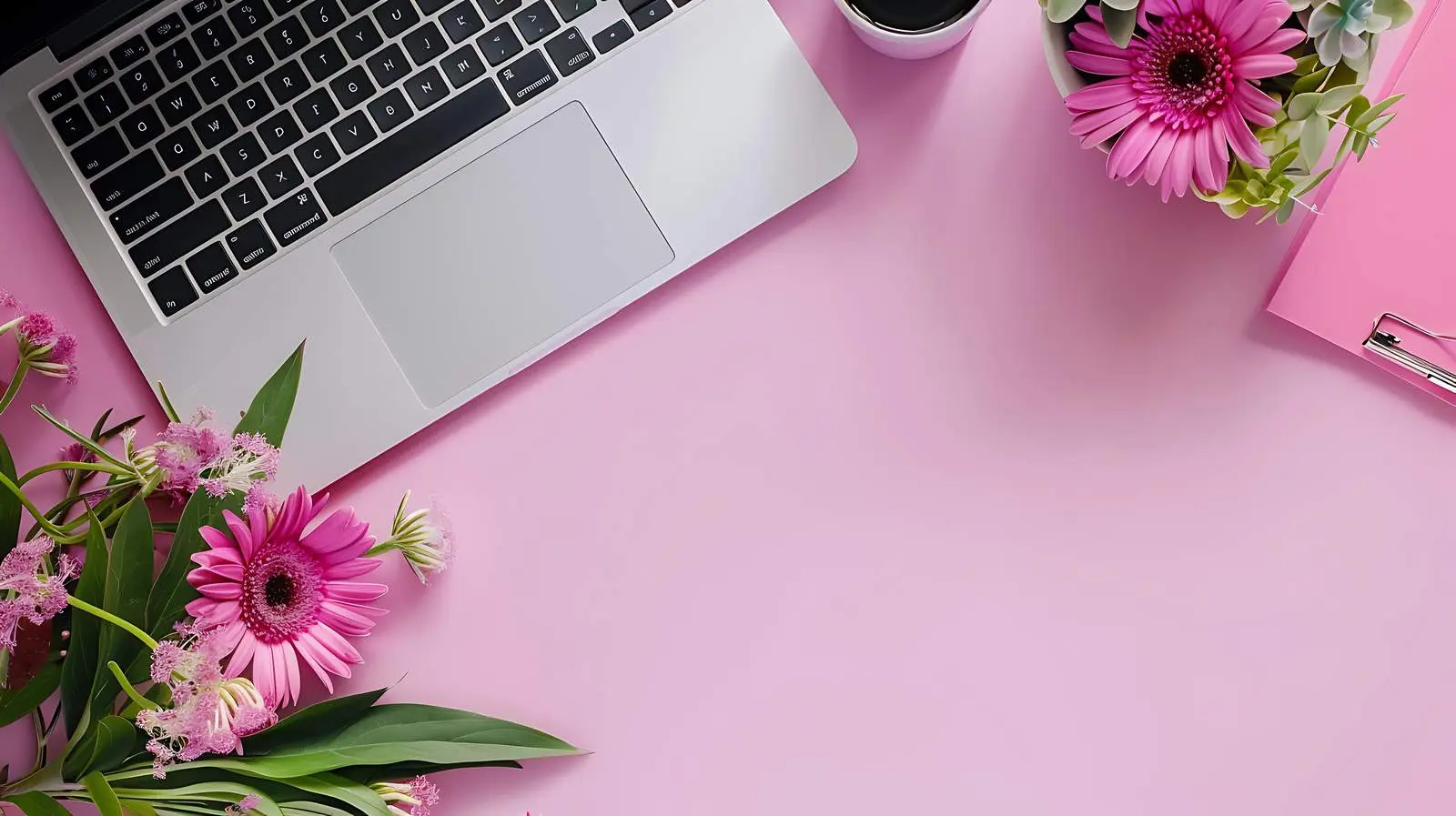 Stylish Office Desk Workspace with Laptop and Flowers — free download from Dotvec