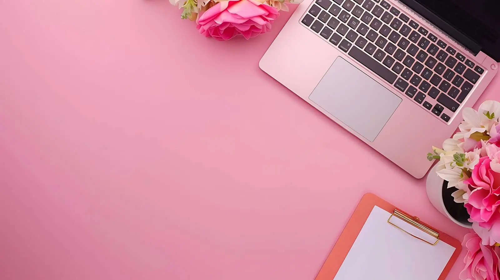 Modern Office Desk Workspace with Laptop and Flowers — free download from Dotvec