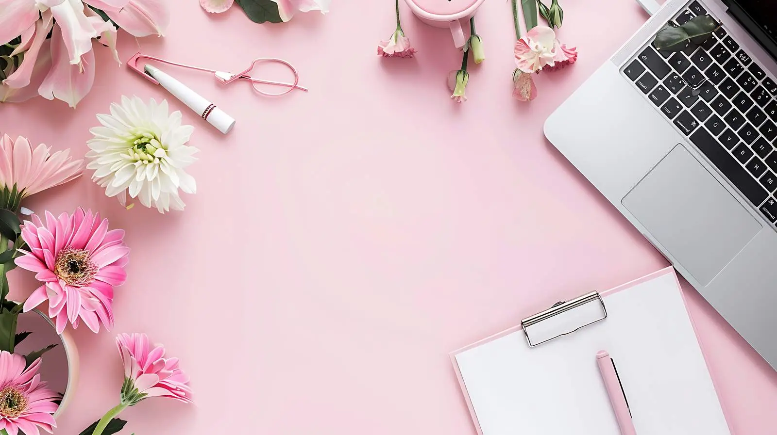 Cozy Office Desk Workspace with Laptop and Flowers — free download from Dotvec