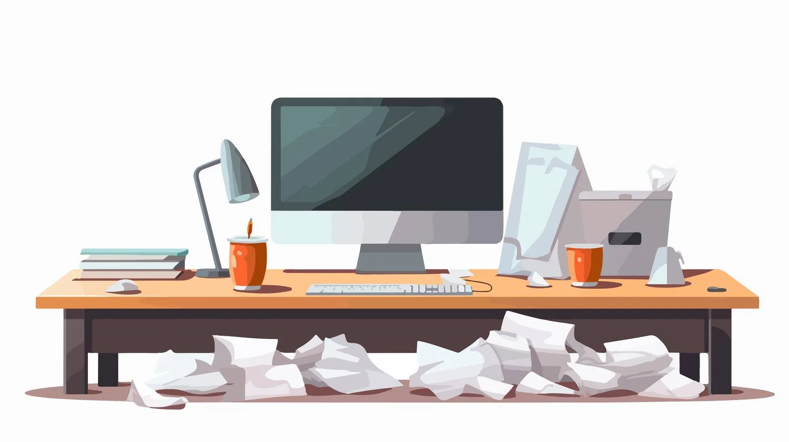 Cluttered Office Table with Paper and Computer — free download from Dotvec