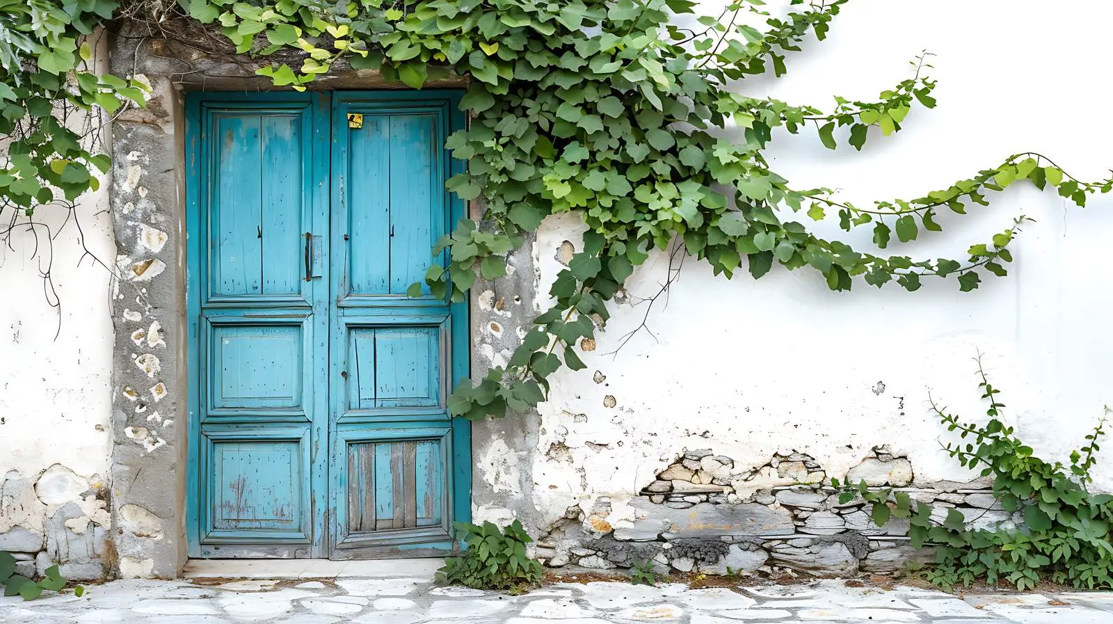 Ancient Colourful Door in Stone Wall with Ivy — free download from Dotvec