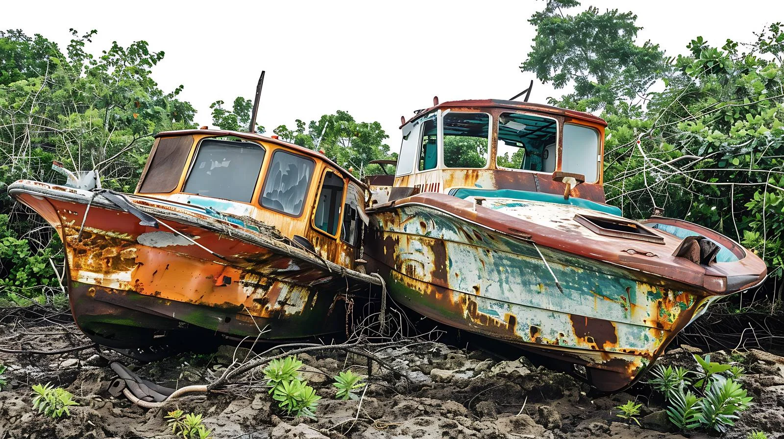 Decaying Motorboats Among Waste on Shore — free download from Dotvec
