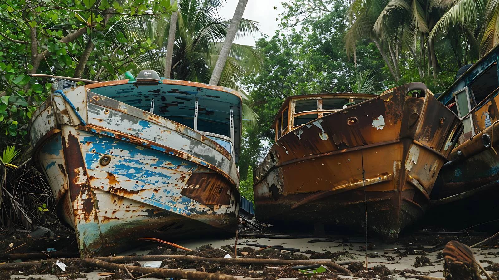 Derelict motor boats on landfill by the sea — free download from Dotvec