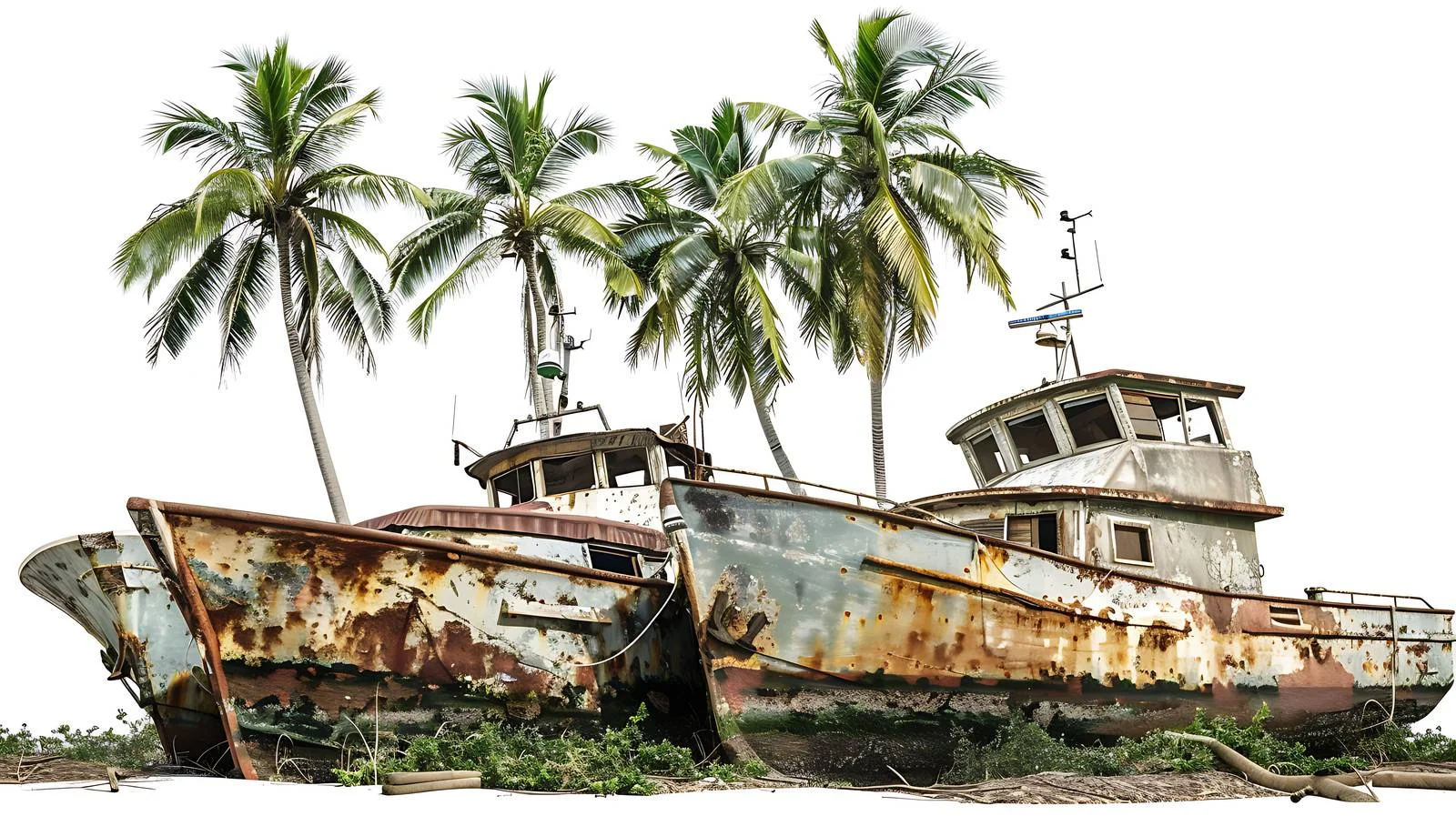 Aged motorboats amongst landfill debris — free download from Dotvec