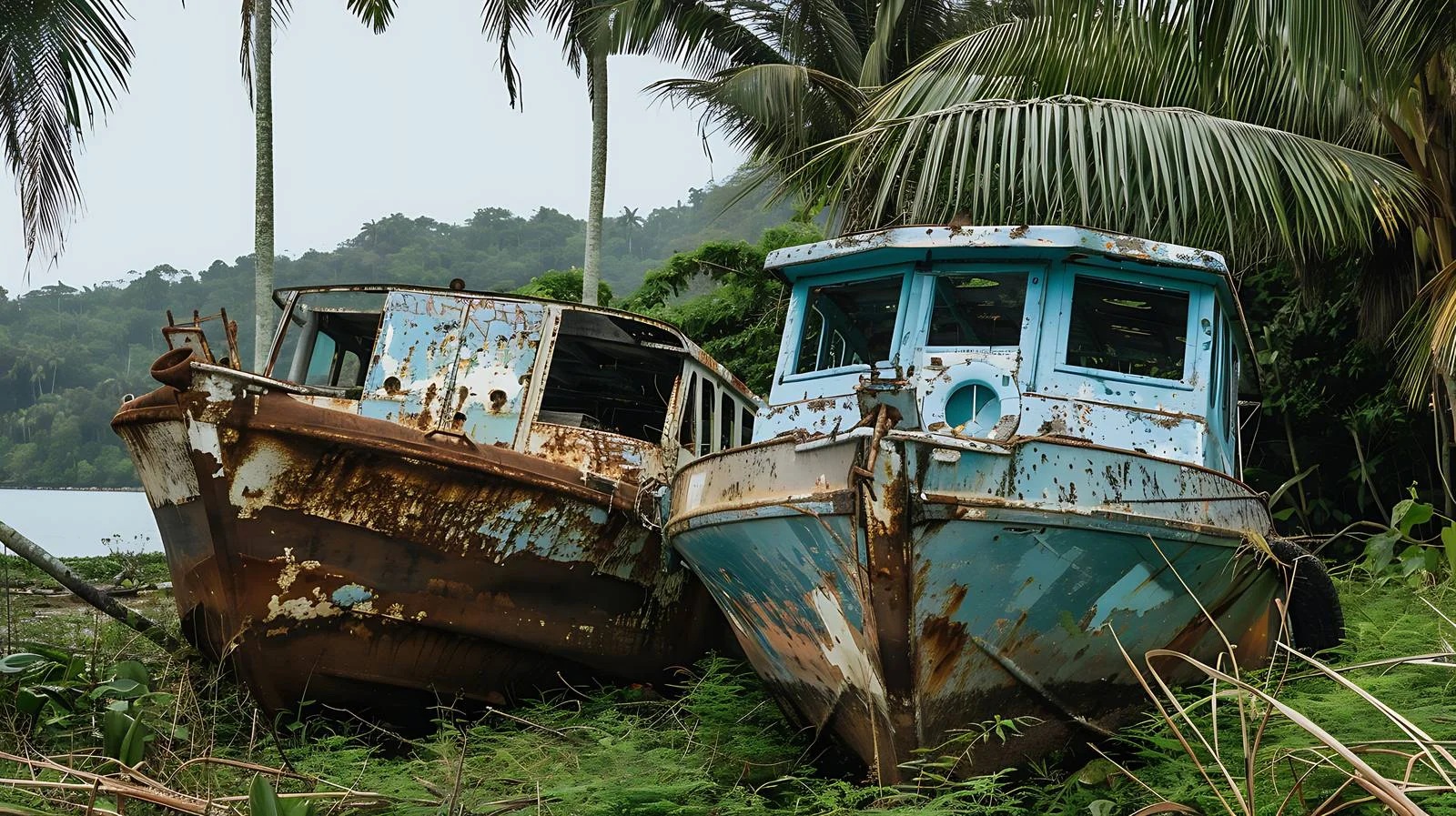 Decrepit motorboats on landfill near water — free download from Dotvec