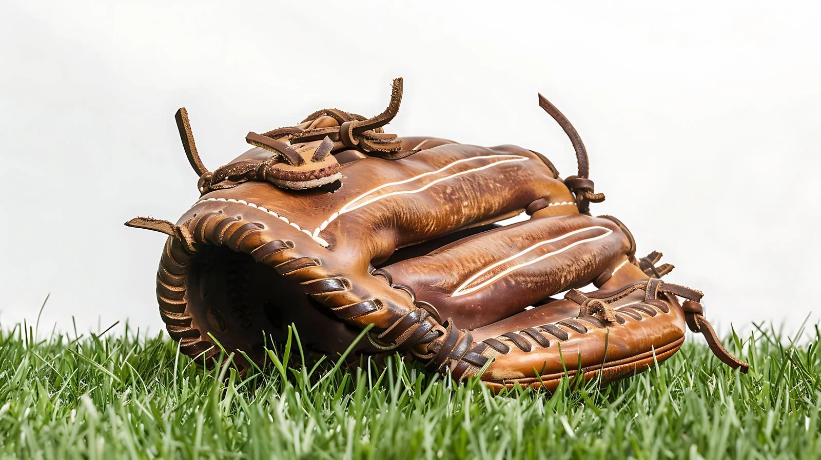 Vintage baseball in aged leather glove on grass — free download from Dotvec