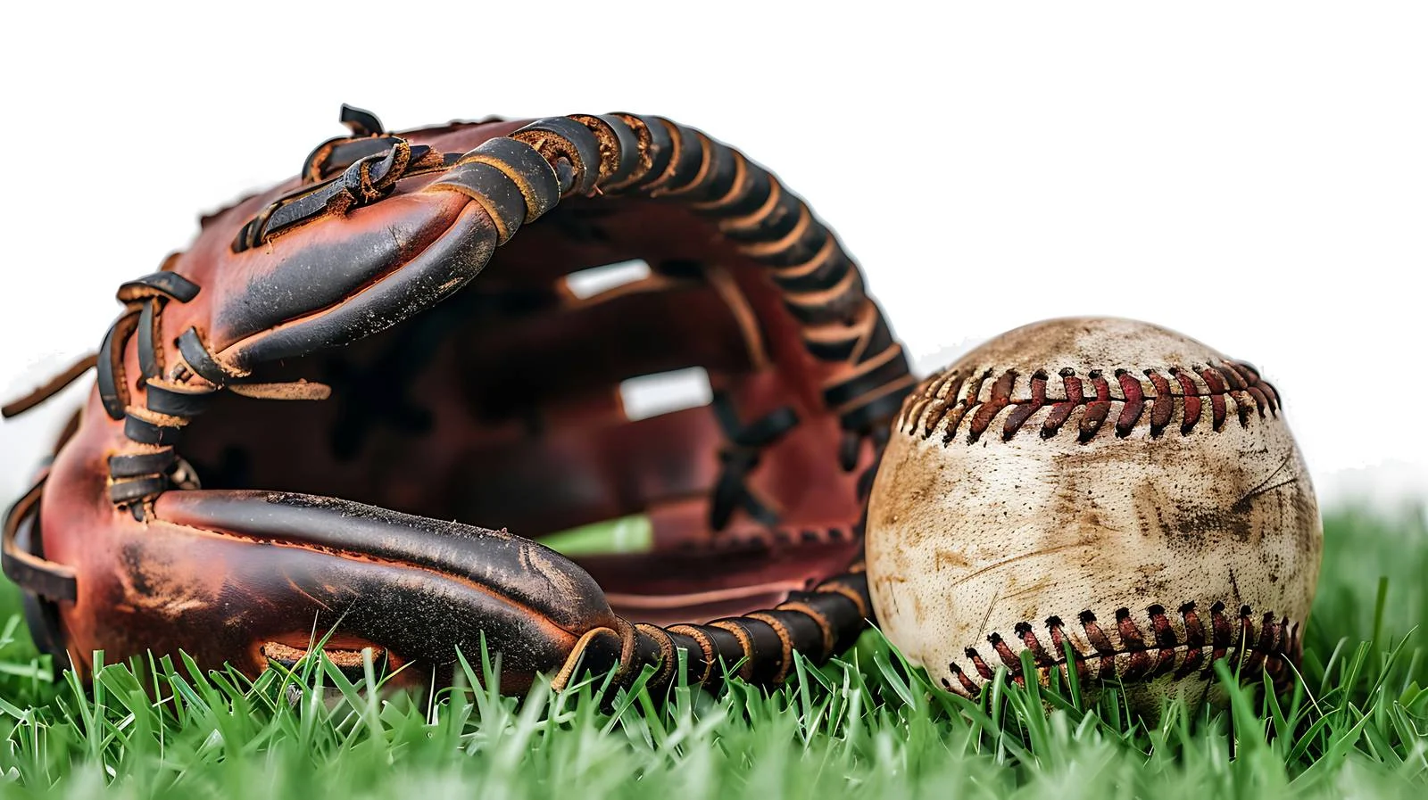 Vintage baseball and worn leather glove on grass — free download from Dotvec