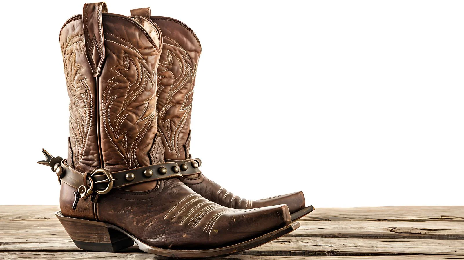Vintage brown western boots with spurs on wood — free download from Dotvec