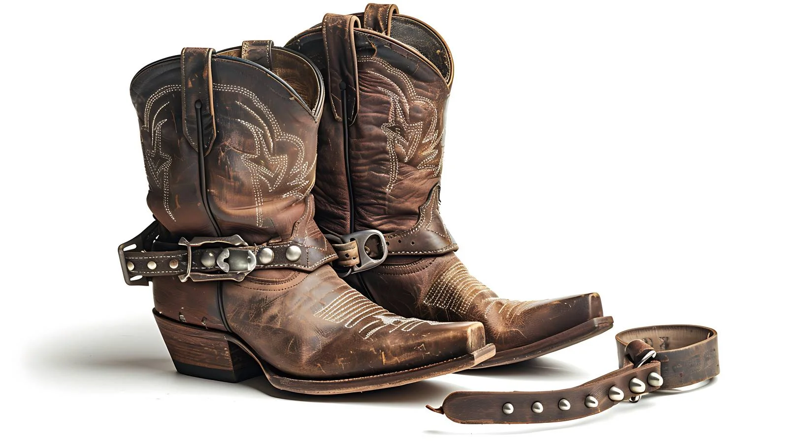 Vintage brown cowboy boots with spurs on wooden surface — free download from Dotvec