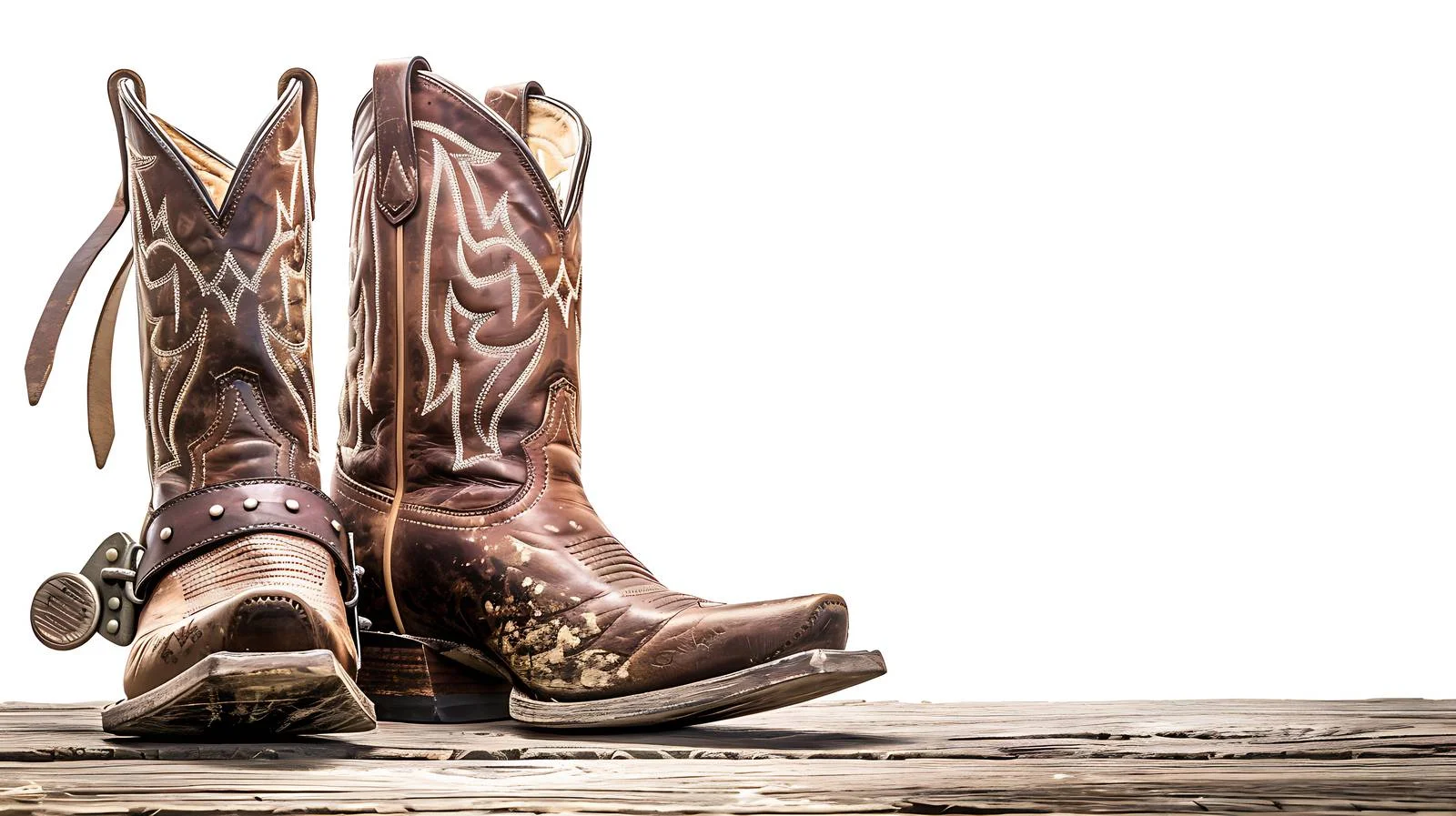 Vintage Brown Cowboy Boots with Spurs on Wood — free download from Dotvec