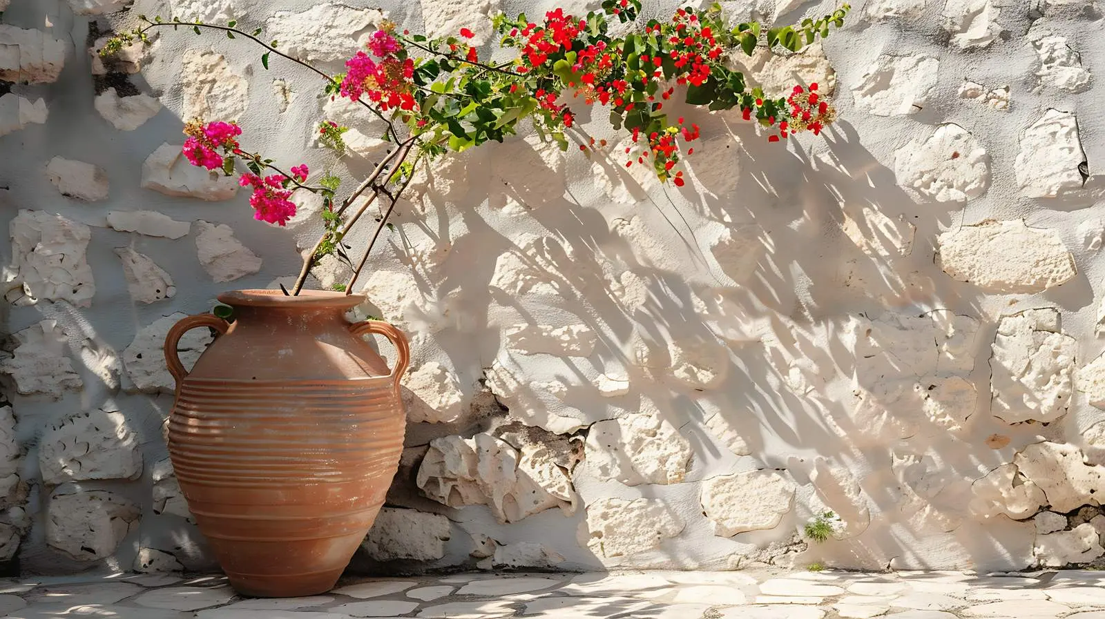 Medieval Clay Pot with Flowers on Stone Wall — free download from Dotvec
