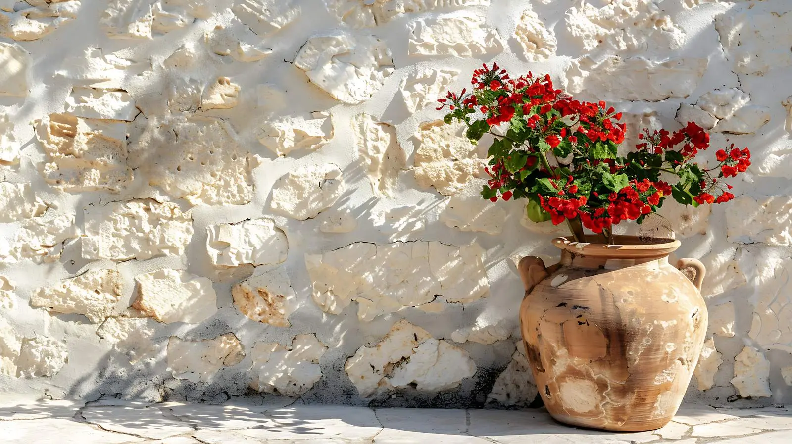 Medieval Clay Pot with Flowers on Stone Wall — free download from Dotvec