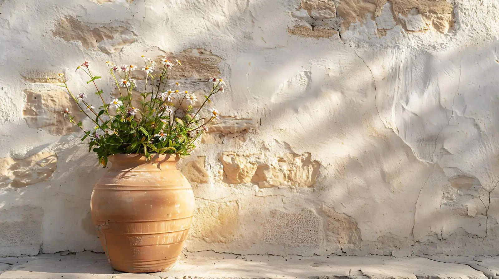 Medieval Clay Pot with Flowers on Stone Wall — free download from Dotvec
