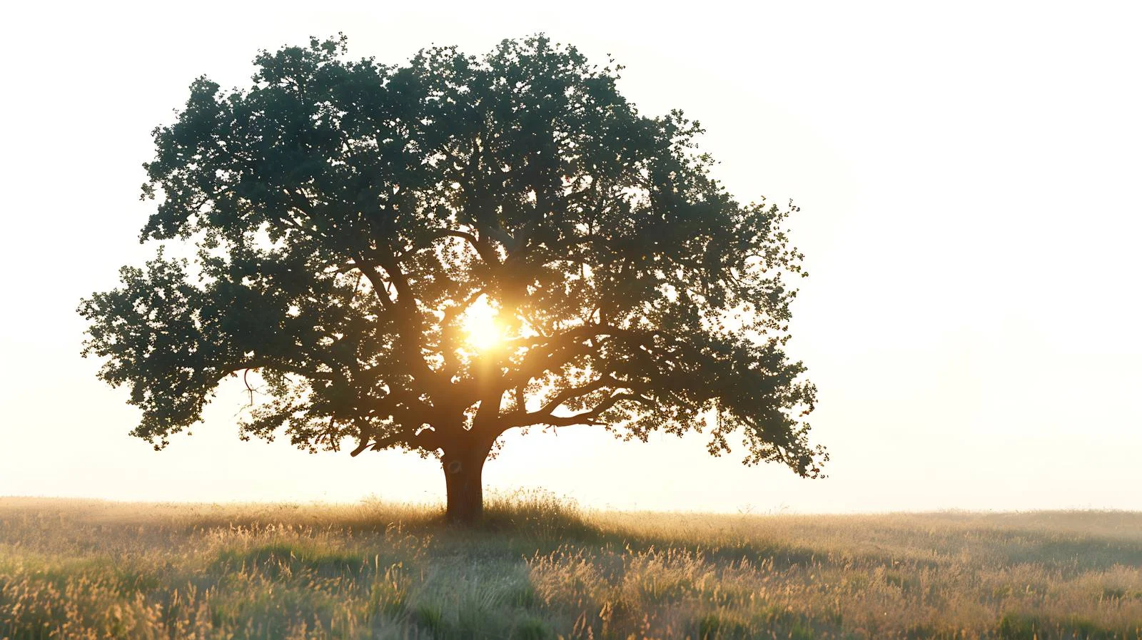 Majestic oak at sunrise in meadow — free download from Dotvec