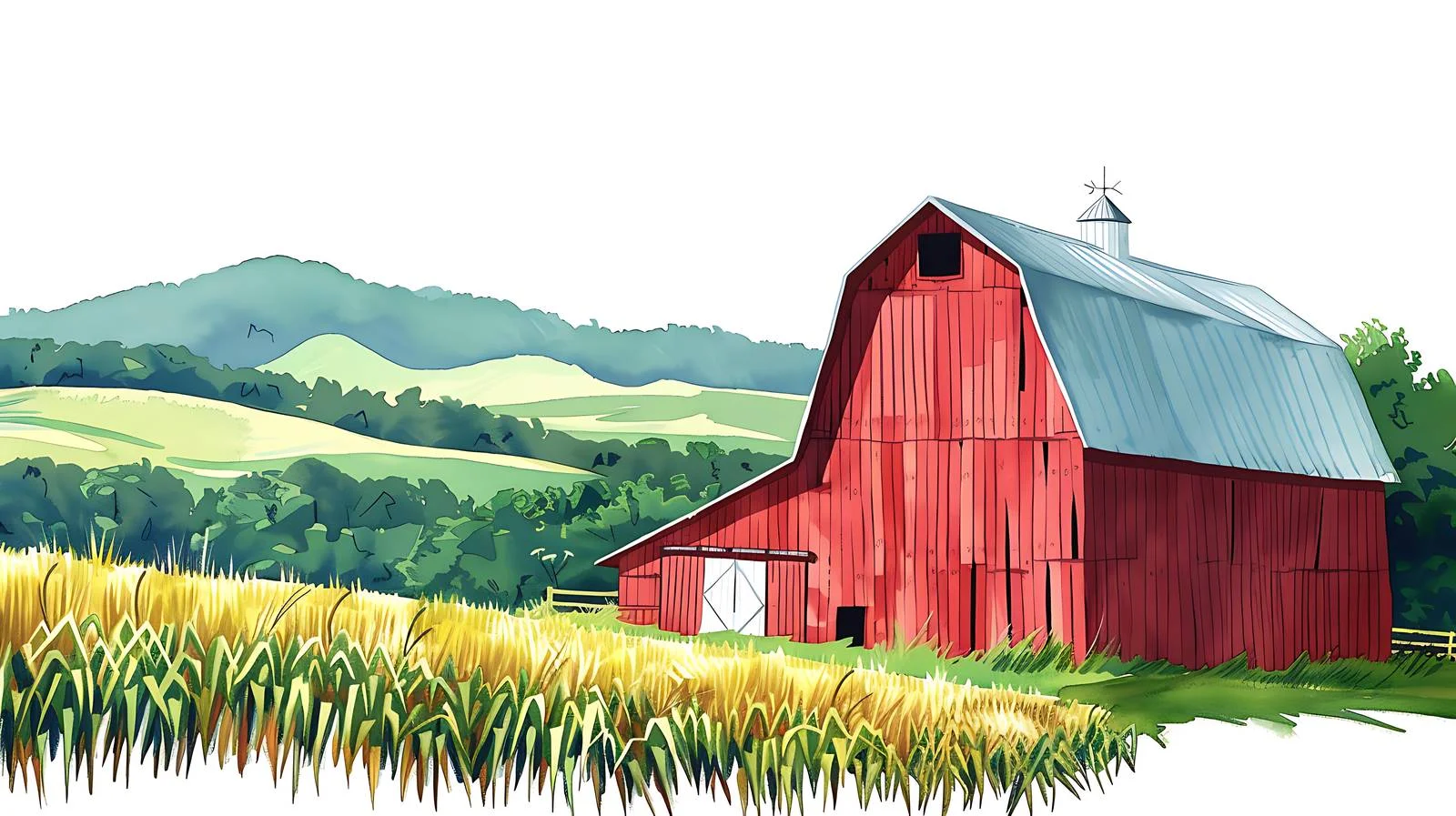 Rustic red barn by cornfield and hills — free download from Dotvec