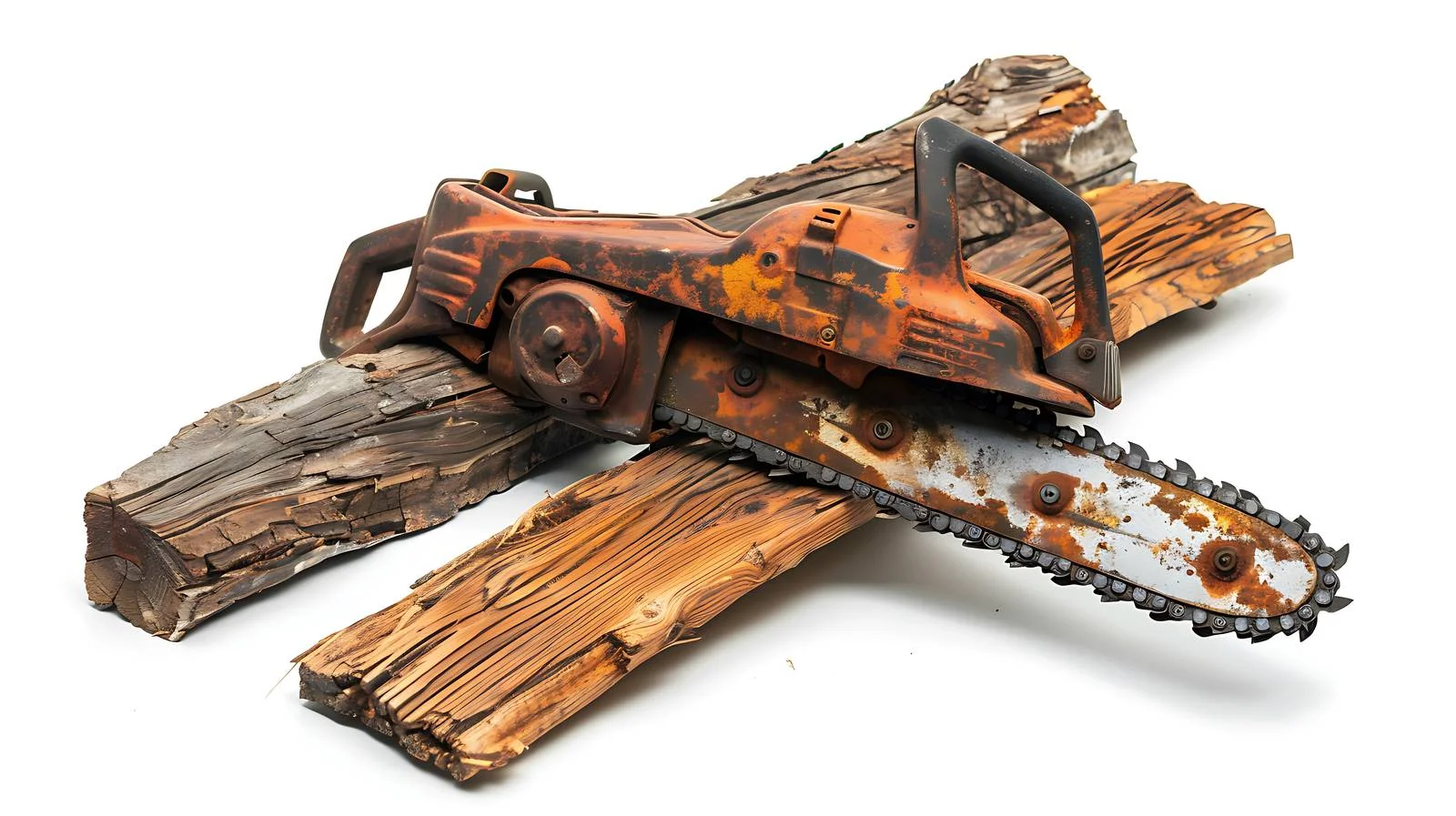 Weathered chainsaw amidst scattered branches – free scattered image from Dotvec