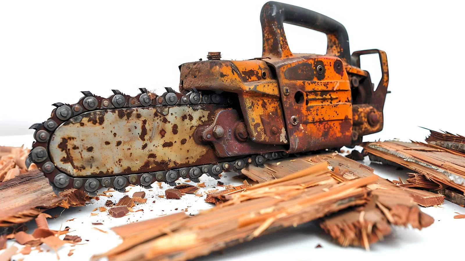 Vintage weathered chainsaw among scattered debris — free download from Dotvec