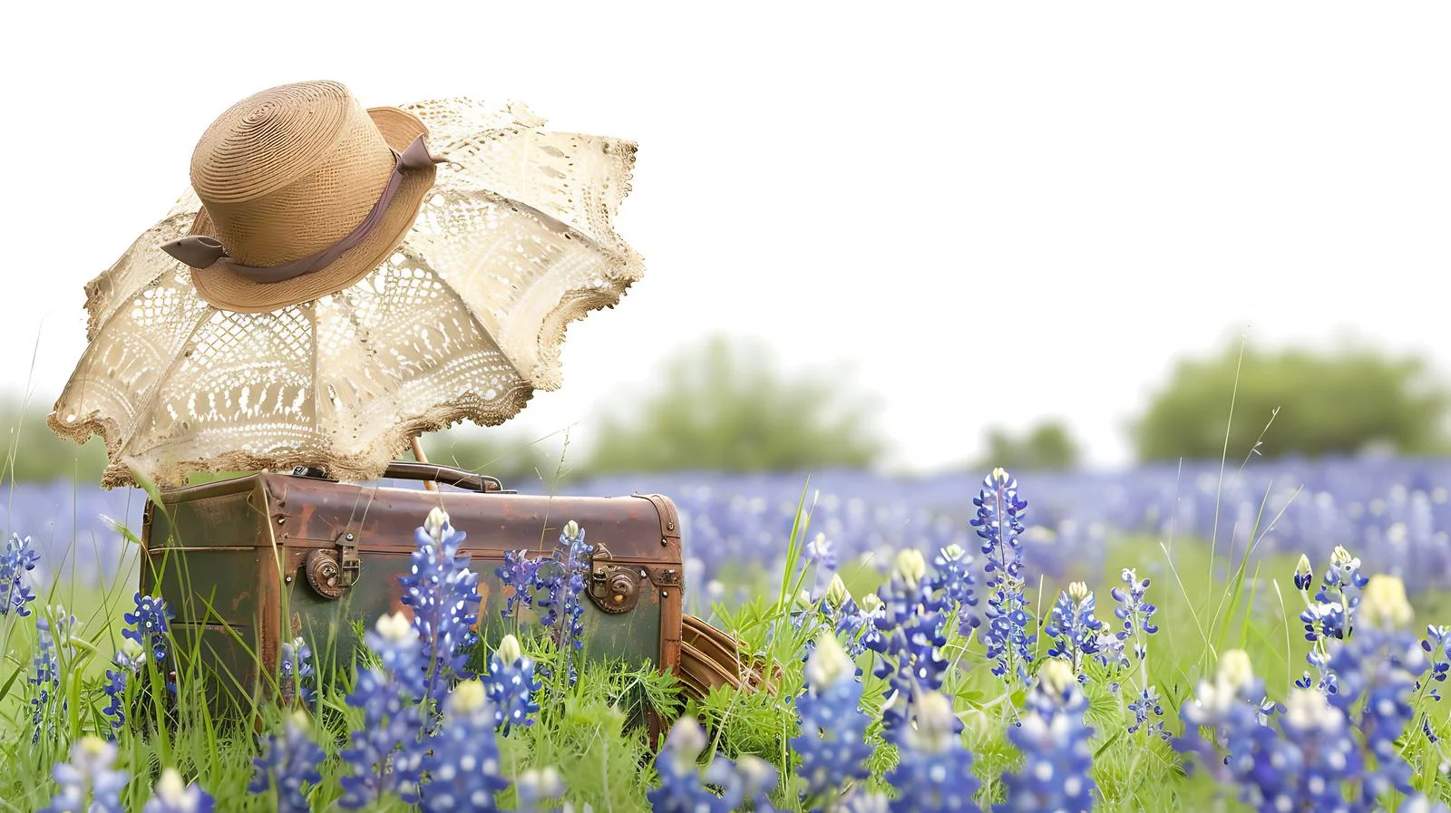 Vintage suitcase, bonnet, parasol among bluebonnets — free download from Dotvec
