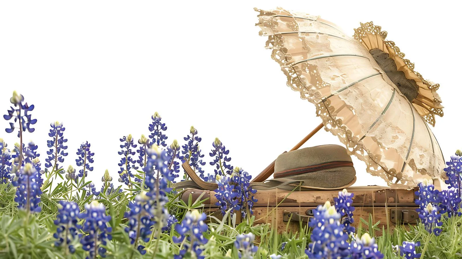 Vintage suitcase, bonnet, and parasol in bluebonnet field — free download from Dotvec