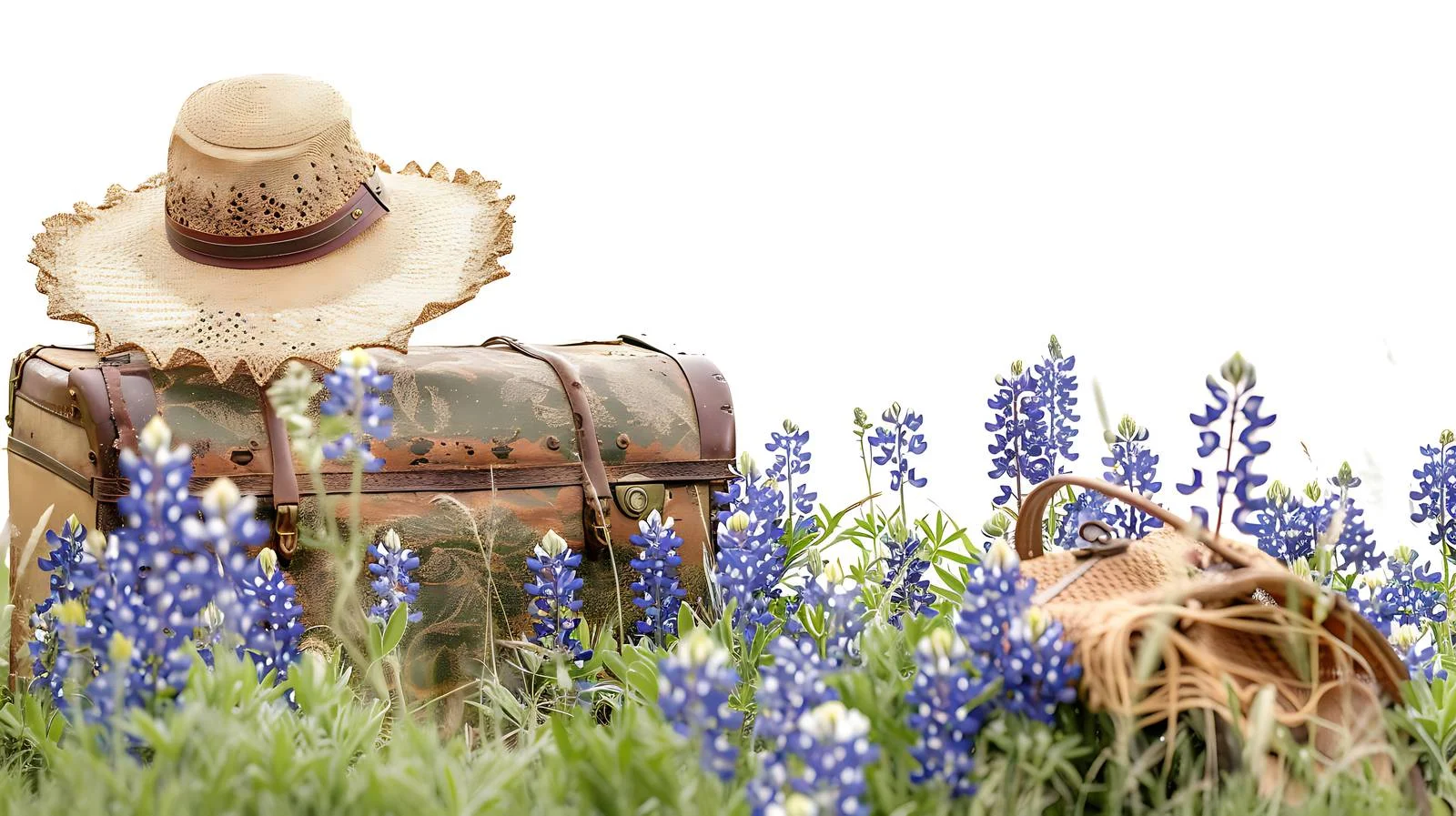 Vintage Suitcase, Bonnet, and Parasol Amid Bluebonnets — free download from Dotvec