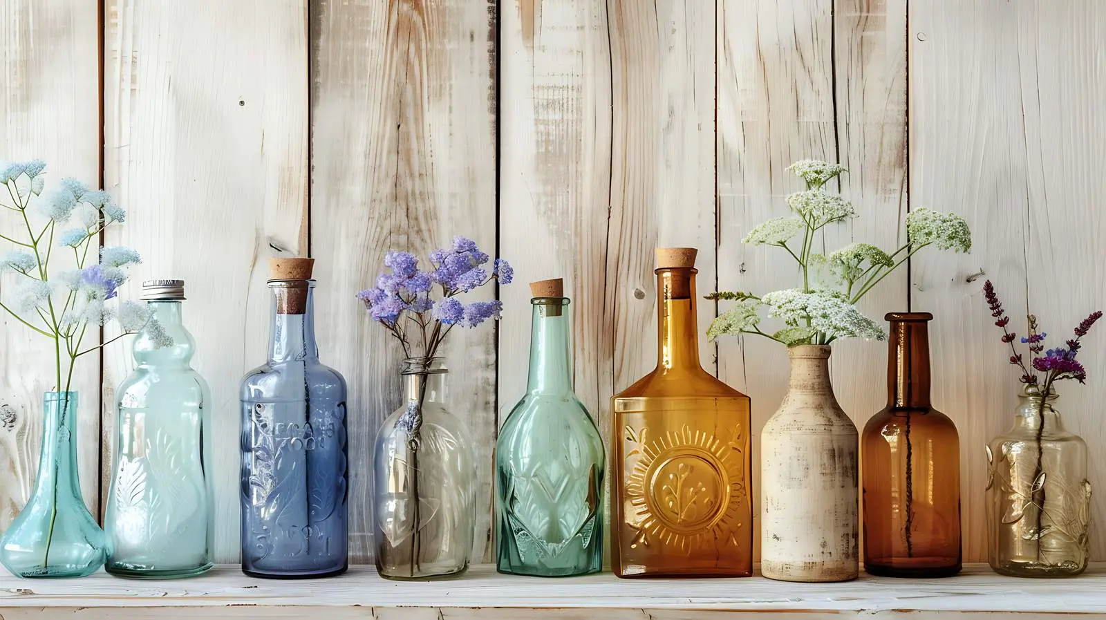 Antique Vintage Translucent Bottles on Wooden Wall – free artifacts image from Dotvec