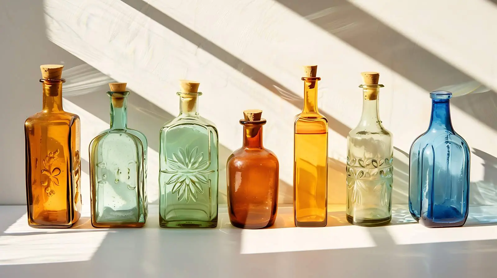 Vintage Translucent Bottles Capturing Sunlight Shadows — free download from Dotvec