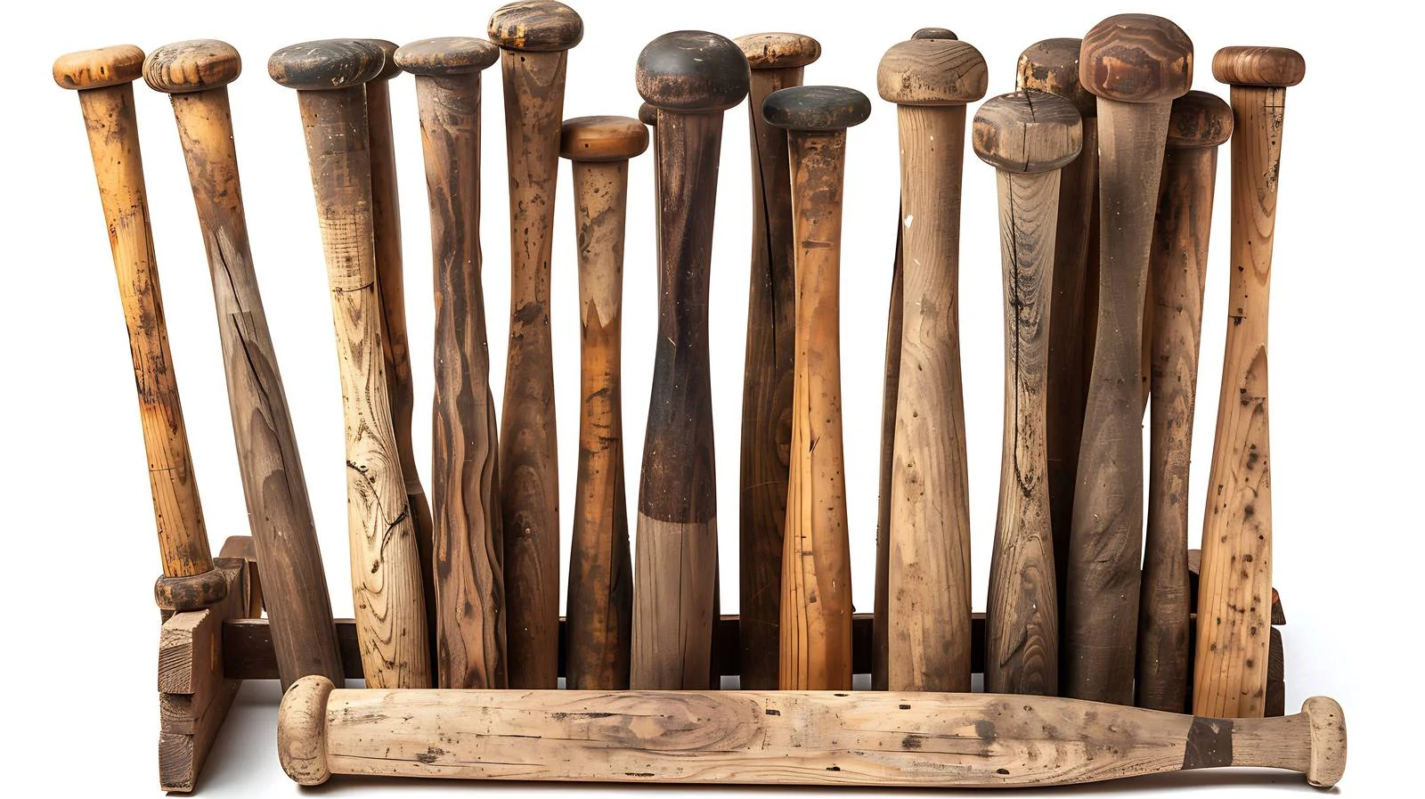Vintage wooden baseball bats in storage rack — free download from Dotvec