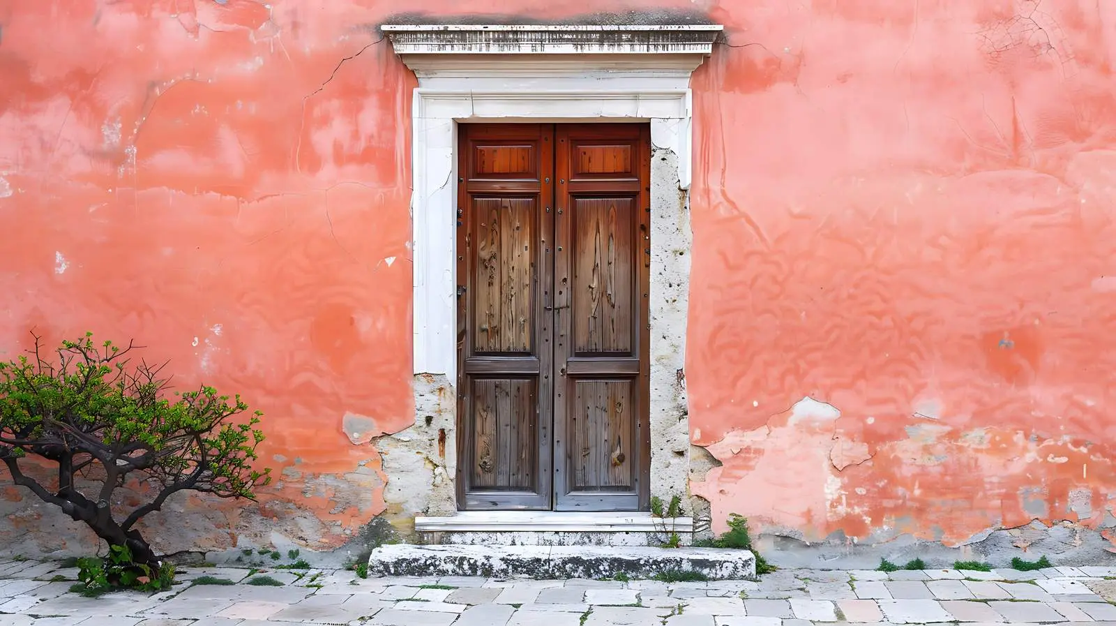European Tradition: Old Wooden Door and Coral Walls – free paint image from Dotvec