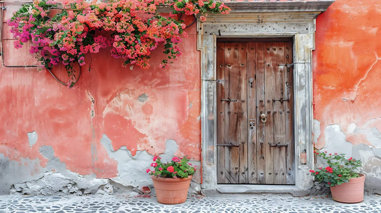 Charming European Wooden Door with Coral Walls — free download from Dotvec