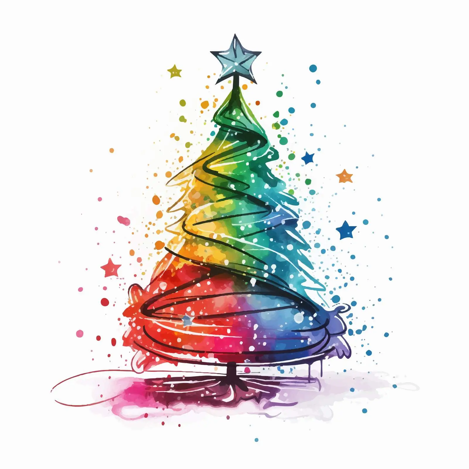 Contour Christmas Tree on Watercolor Background — free download from Dotvec