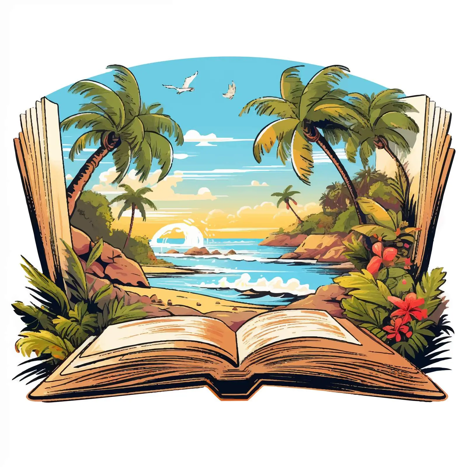Cartoon Beach Scene in Open Book Illustration — free download from Dotvec