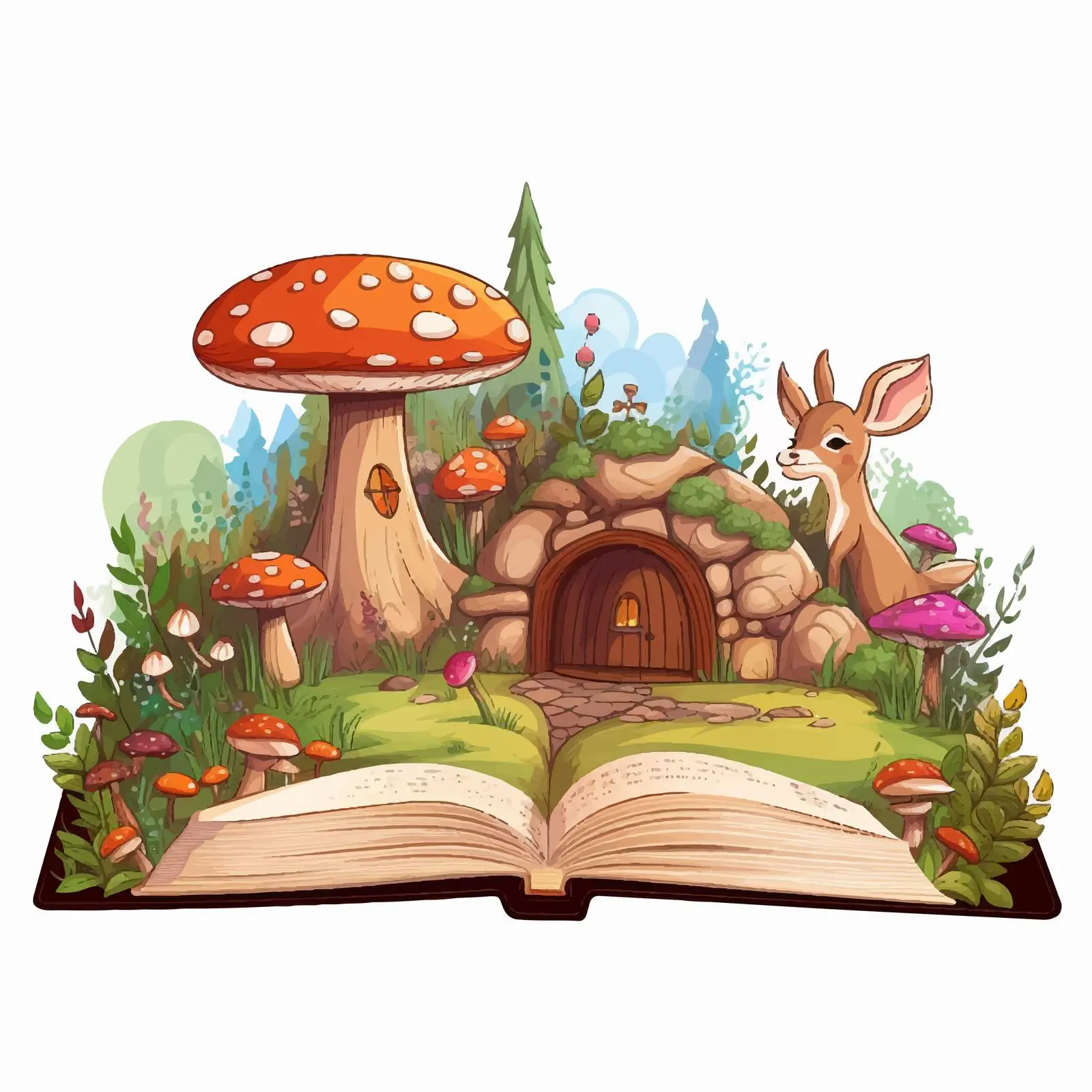 Open Book with Deer and Mushroom House Vector — free download from Dotvec